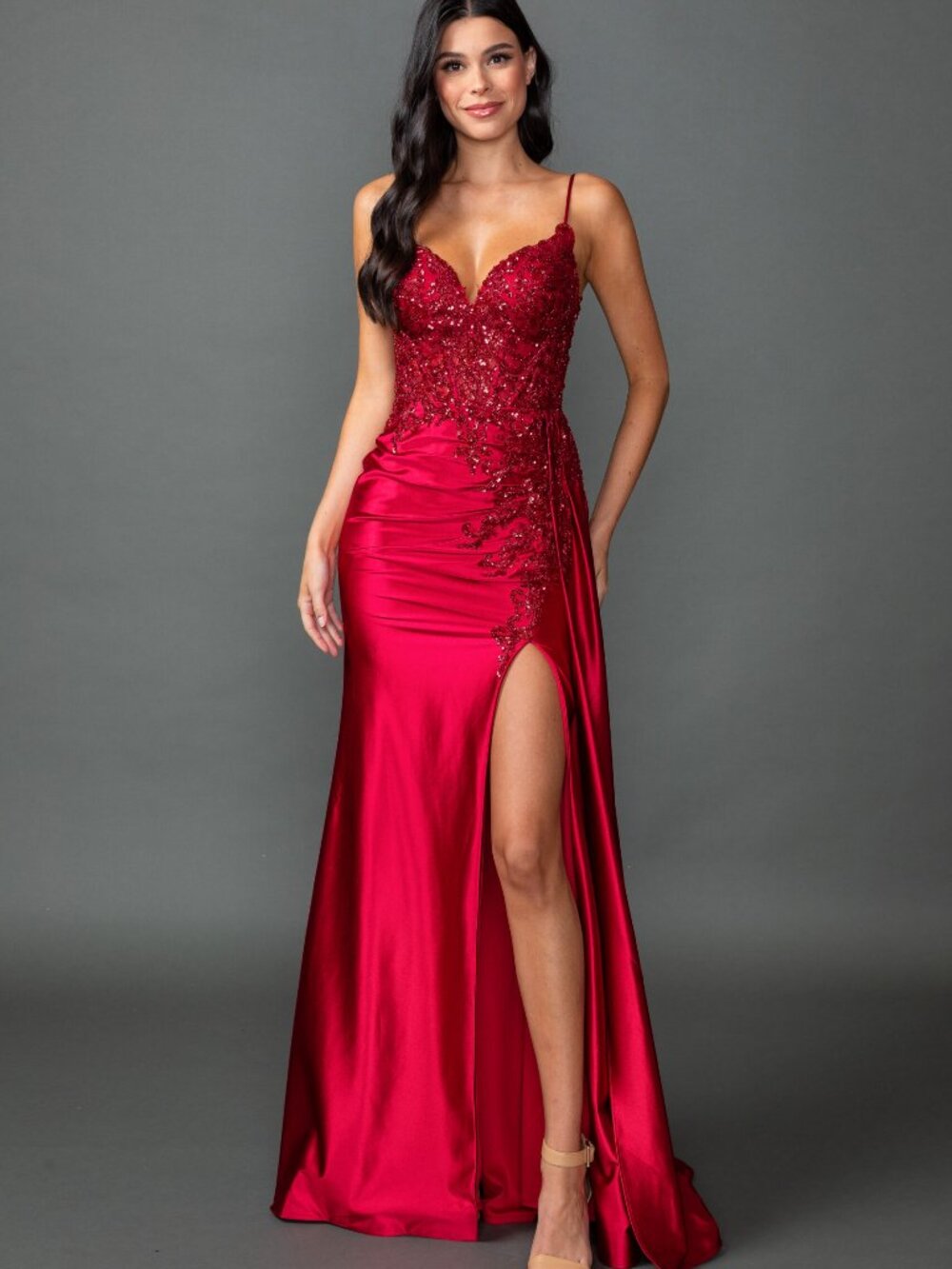NEW BURGUNDY Sequin Spaghetti Strap Prom Gown Floor Length With Slit 4552